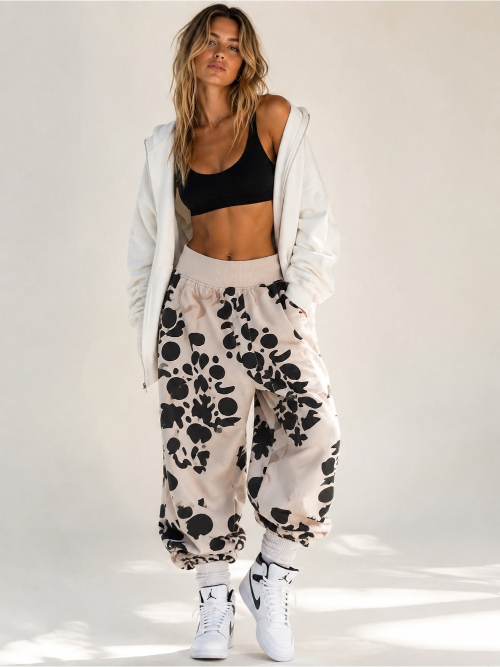 Free People Movement Cream Joggers with Black Abstract Spots